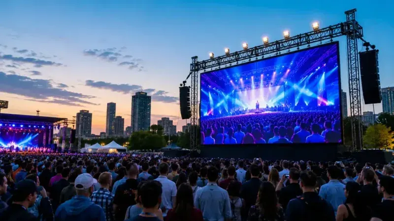 Large outdoor LED screen at an open-air concert at dusk