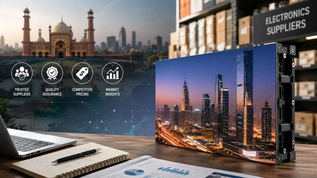 Professional business workspace featuring a modern SMD LED display screen, supplier warehouse shelves, market analytics charts, and a city skyline, representing Pakistan's LED screen supply industry and market insights.