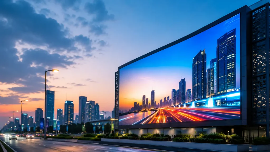 Large high-resolution outdoor SMD LED screen displaying a vibrant cityscape at dusk, positioned along a modern urban roadway with illuminated buildings, digital advertising infrastructure, and advanced display technology, representing the growing use of SMD LED screens in Pakistan.
