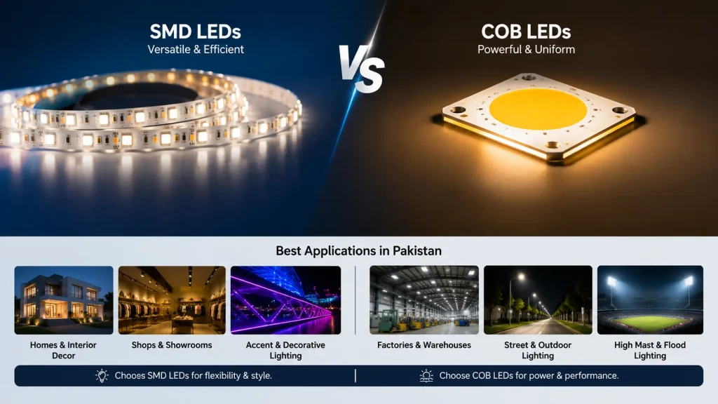 Comparison infographic of SMD LEDs and COB LEDs for lighting applications in Pakistan