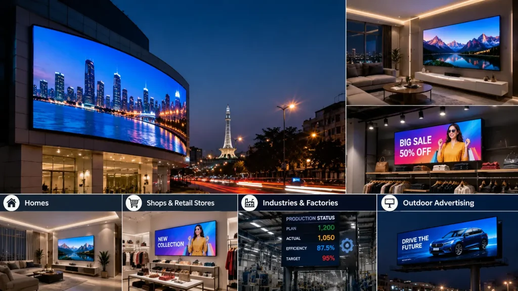 Professional collage showcasing the top applications of SMD LED display technology in Pakistan, including a modern home entertainment setup, retail store digital signage, industrial production monitoring screens, outdoor advertising billboards, and a large urban LED display in a city environment.